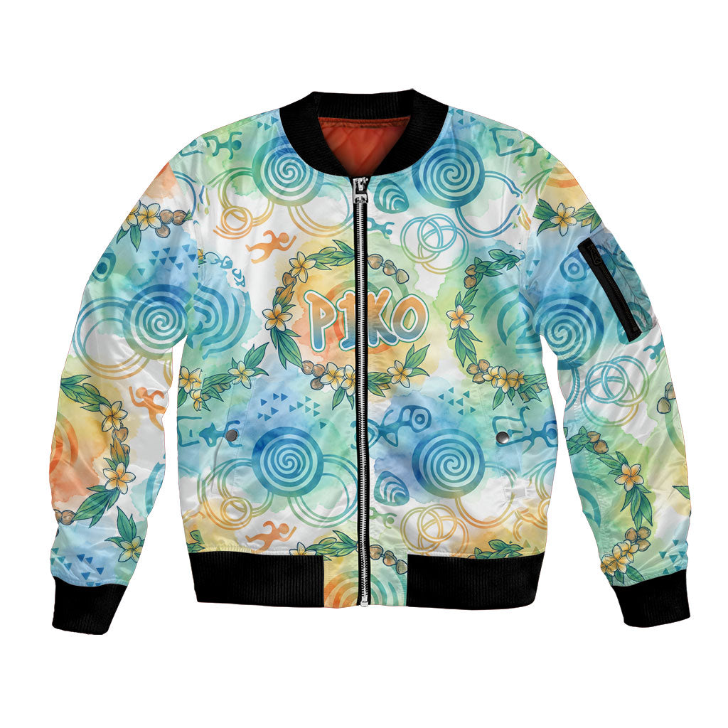 Hawaiian Piko Cultural Pride Aloha Sleeve Zip Bomber Jacket Watercolor Spiral Art - Tropical Plumeria Lei Garland