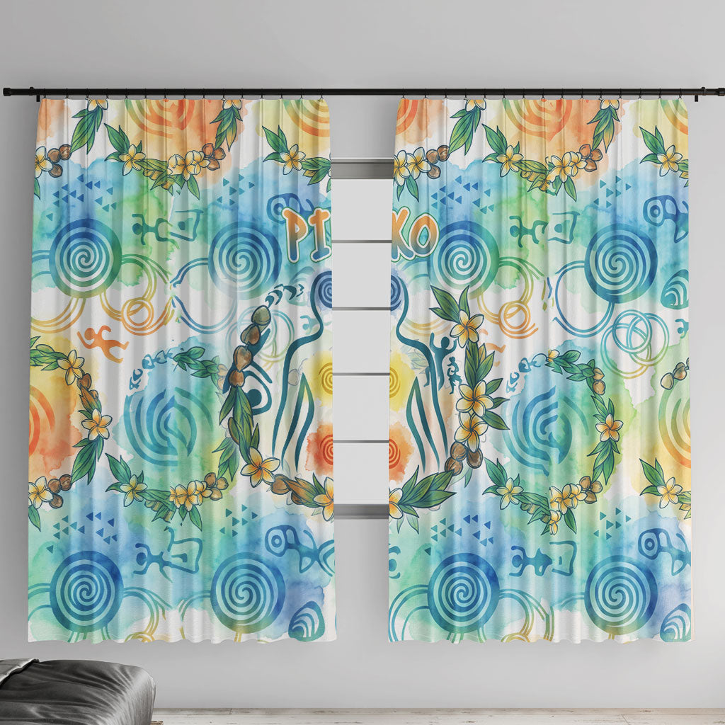 Hawaiian Piko Cultural Pride Aloha Window Curtain Watercolor Spiral Art - Tropical Plumeria Lei Garland TS04 With Hooks White Blue - Polynesian Pride