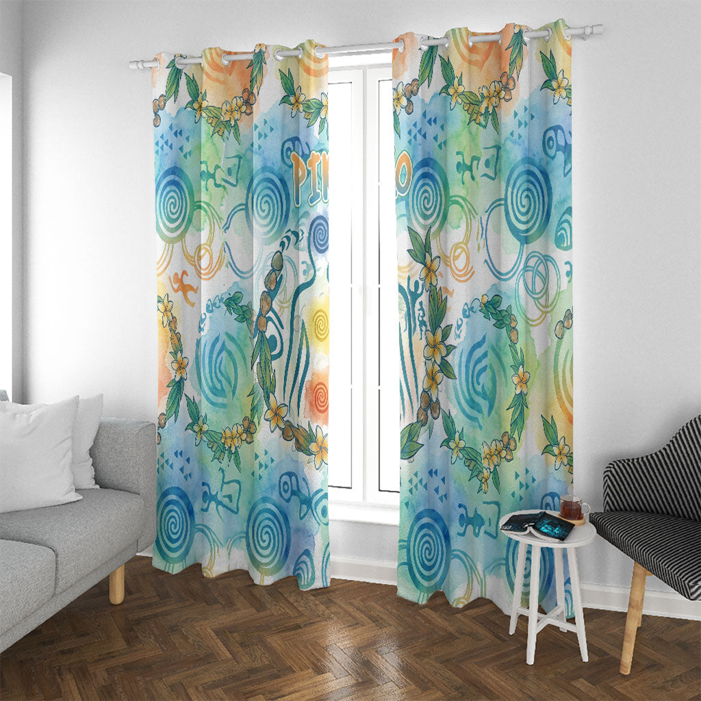 Hawaiian Piko Cultural Pride Aloha Window Curtain Watercolor Spiral Art - Tropical Plumeria Lei Garland