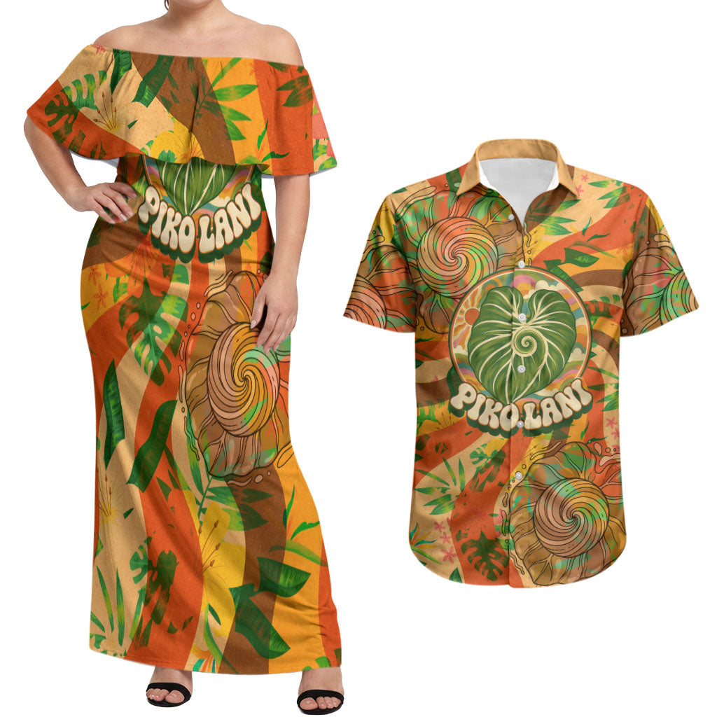 Hawaiian Piko Lani Cultivate I Ka Piko Aloha Couples Matching Off Shoulder Maxi Dress and Hawaiian Shirt Retro Psychedelic Taro Leaf - Hibiscus Flowers