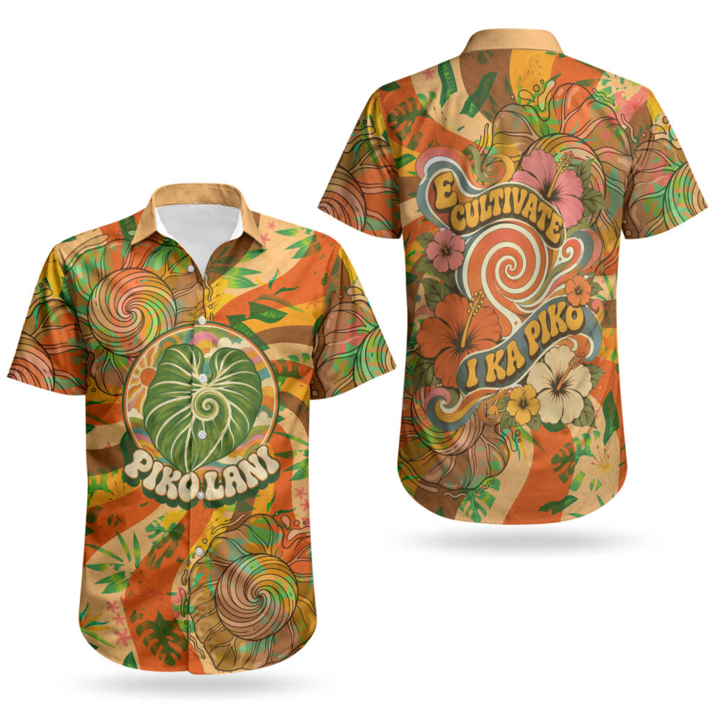 Hawaiian Piko Lani Cultivate I Ka Piko Aloha Couples Matching Off Shoulder Short Dress and Hawaiian Shirt Retro Psychedelic Taro Leaf - Hibiscus Flowers