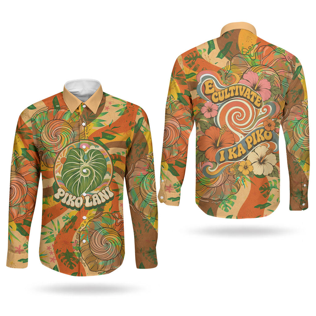 Hawaiian Piko Lani Cultivate I Ka Piko Aloha Couples Matching Off Shoulder Short Dress and Long Sleeve Button Shirt Retro Psychedelic Taro Leaf - Hibiscus Flowers