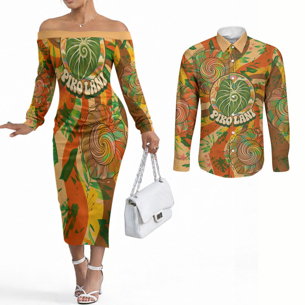 Hawaiian Piko Lani Cultivate I Ka Piko Aloha Couples Matching Off The Shoulder Long Sleeve Dress and Long Sleeve Button Shirt Retro Psychedelic Taro Leaf - Hibiscus Flowers TS04 Orange Green - Polynesian Pride