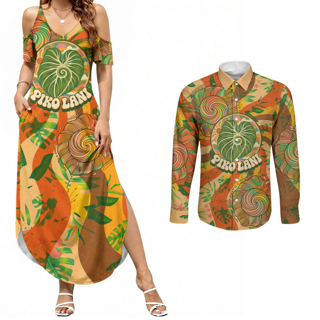 Hawaiian Piko Lani Cultivate I Ka Piko Aloha Couples Matching Summer Maxi Dress and Long Sleeve Button Shirt Retro Psychedelic Taro Leaf - Hibiscus Flowers TS04 Orange Green - Polynesian Pride