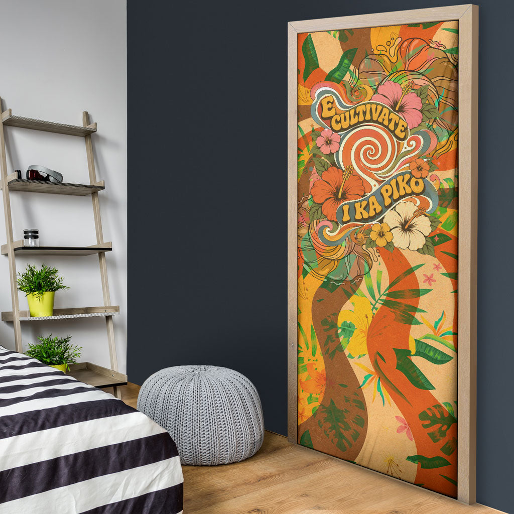 Hawaiian Piko Lani Cultivate I Ka Piko Aloha Door Cover Retro Psychedelic Taro Leaf - Hibiscus Flowers