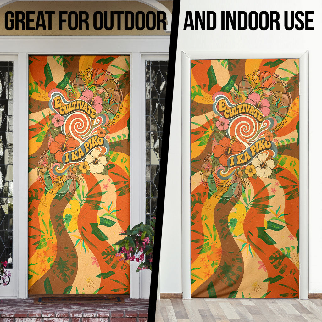 Hawaiian Piko Lani Cultivate I Ka Piko Aloha Door Cover Retro Psychedelic Taro Leaf - Hibiscus Flowers
