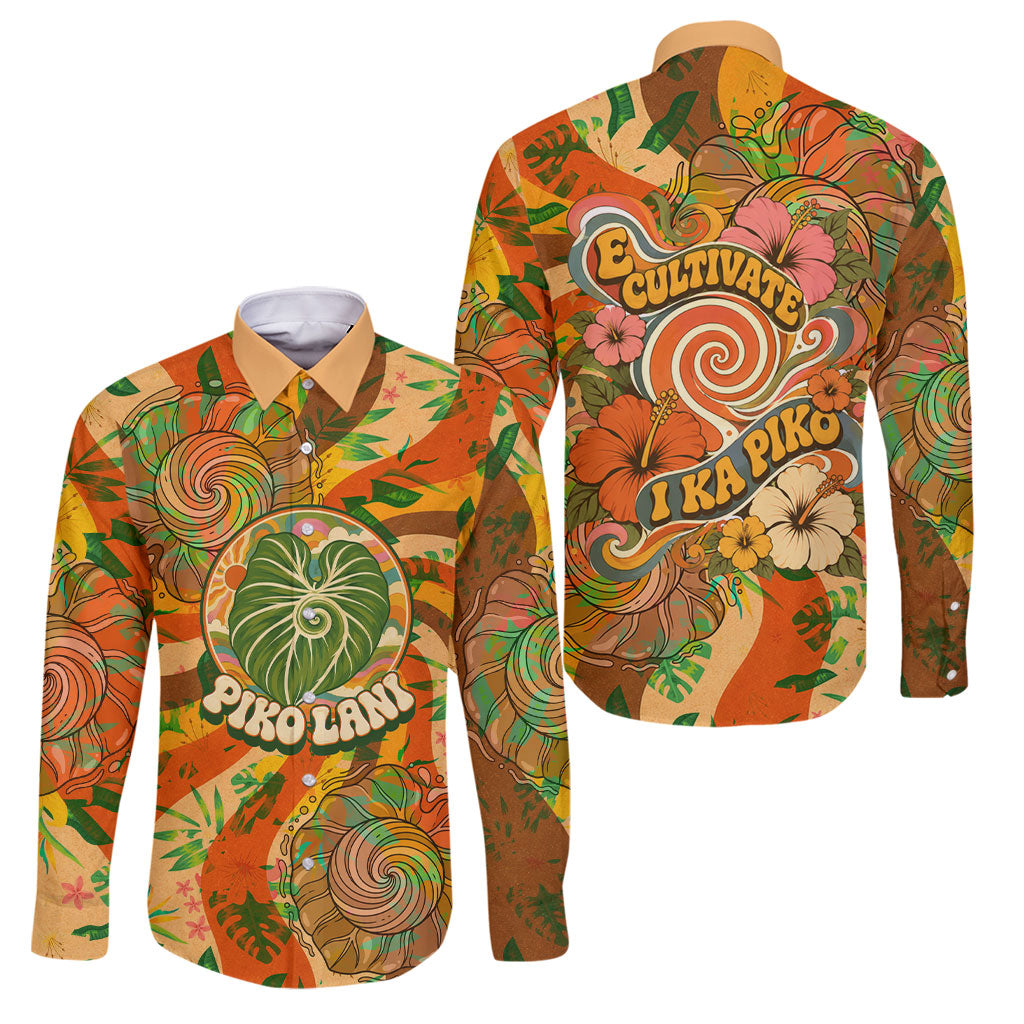 Hawaiian Piko Lani Cultivate I Ka Piko Aloha Family Matching Off Shoulder Maxi Dress and Hawaiian Shirt Retro Psychedelic Taro Leaf - Hibiscus Flowers