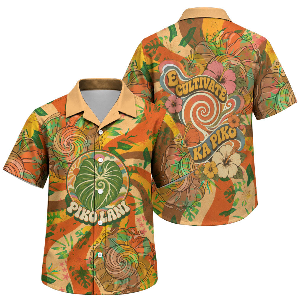 Hawaiian Piko Lani Cultivate I Ka Piko Aloha Family Matching Off Shoulder Short Dress and Hawaiian Shirt Retro Psychedelic Taro Leaf - Hibiscus Flowers