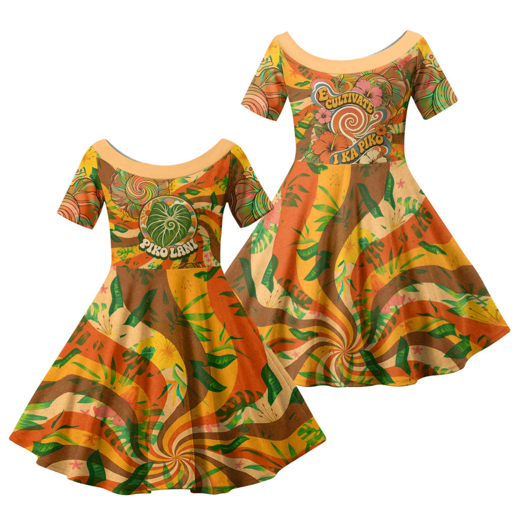 Hawaiian Piko Lani Cultivate I Ka Piko Aloha Family Matching Summer Maxi Dress and Hawaiian Shirt Retro Psychedelic Taro Leaf - Hibiscus Flowers