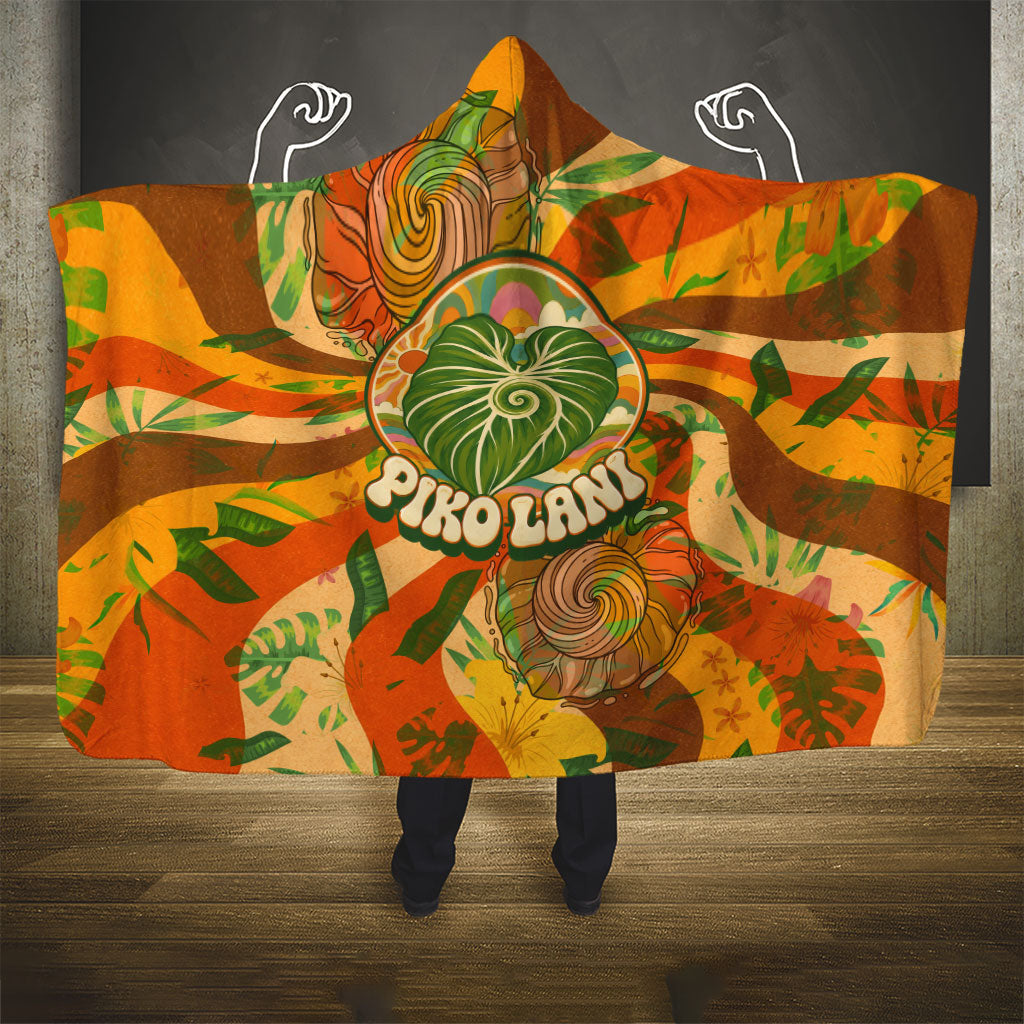Hawaiian Piko Lani Cultivate I Ka Piko Aloha Hooded Blanket Retro Psychedelic Taro Leaf - Hibiscus Flowers