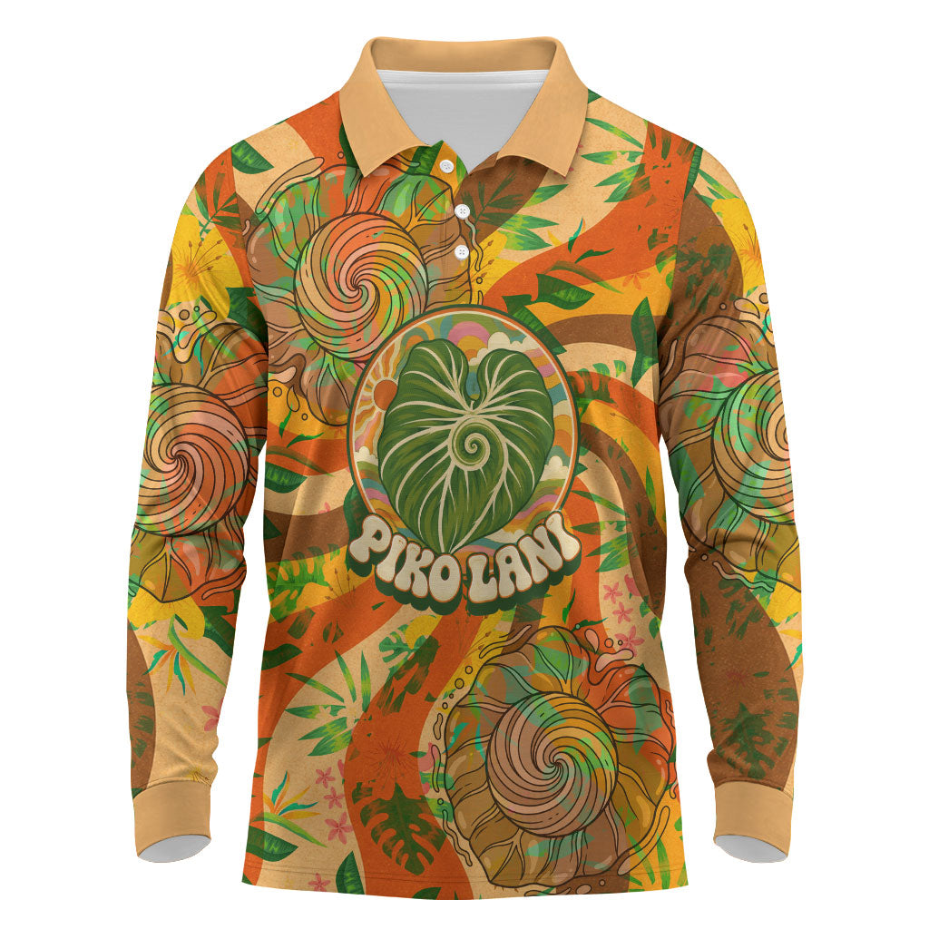 Hawaiian Piko Lani Cultivate I Ka Piko Aloha Long Sleeve Polo Shirt Retro Psychedelic Taro Leaf - Hibiscus Flowers