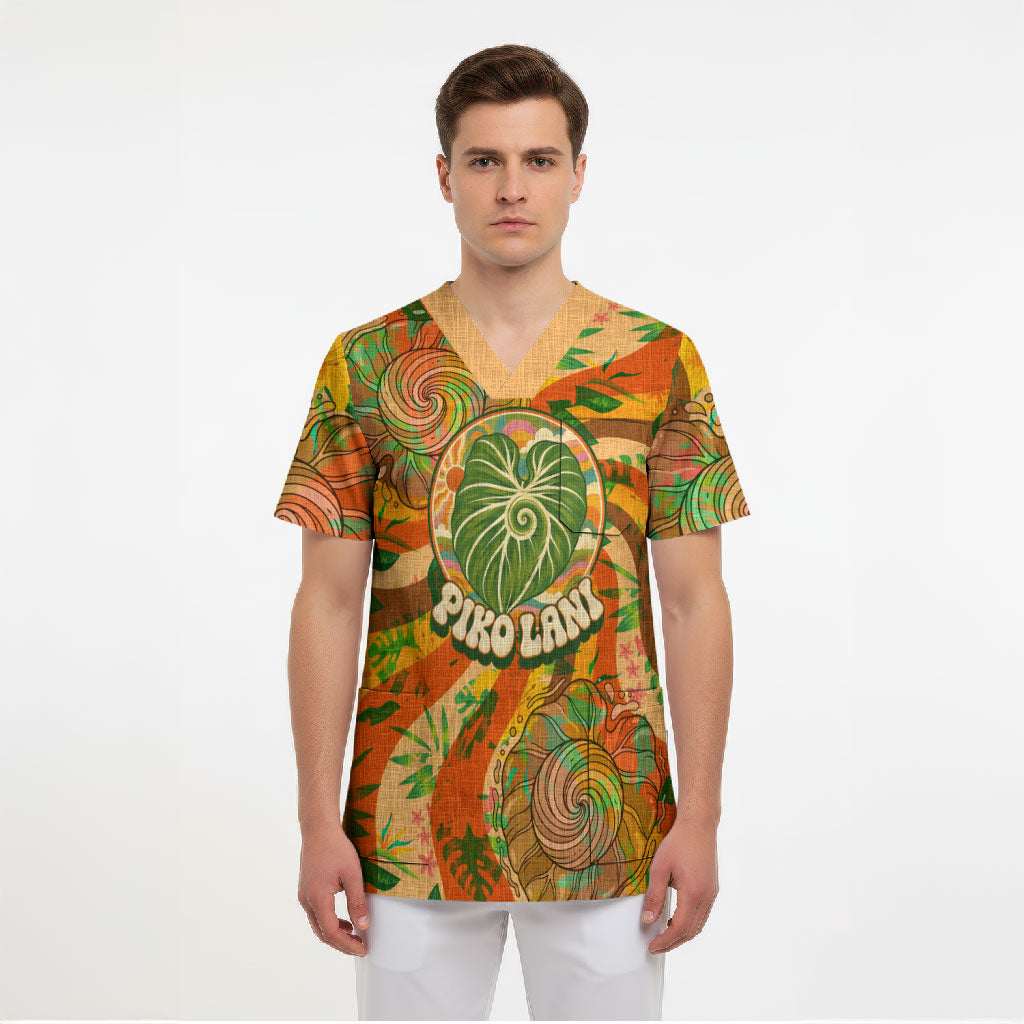 Hawaiian Piko Lani Cultivate I Ka Piko Aloha Scrub Top Retro Psychedelic Taro Leaf - Hibiscus Flowers