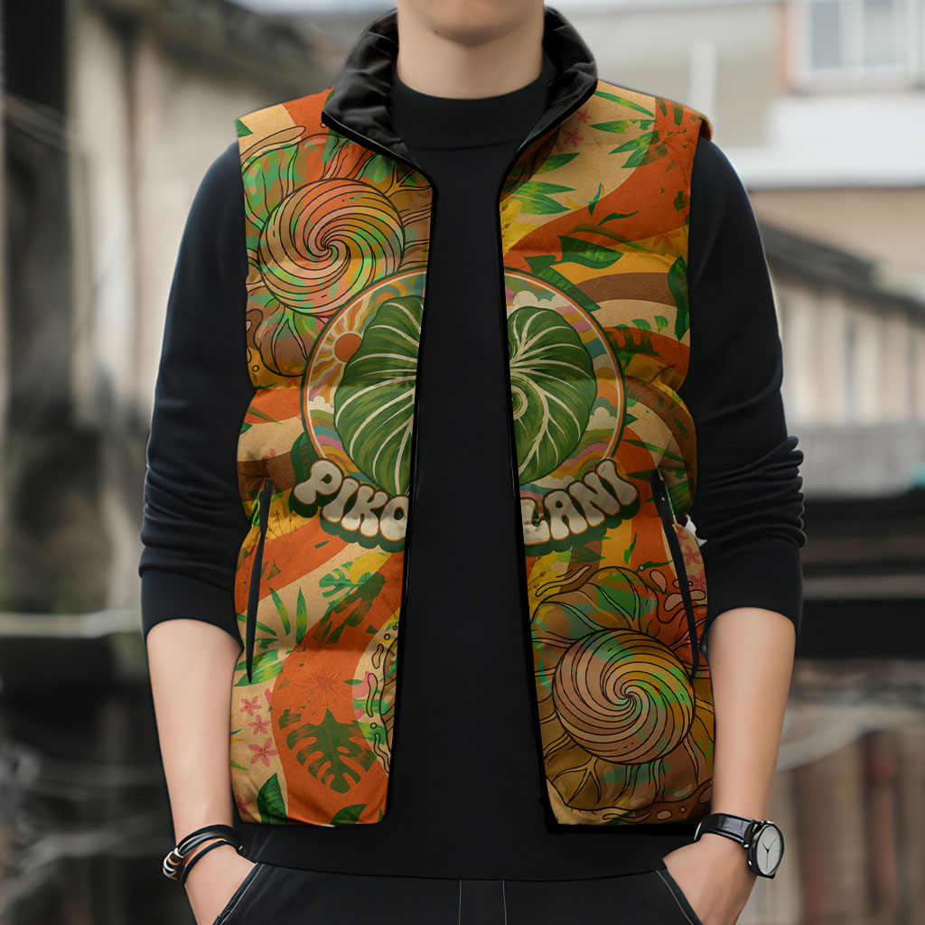Hawaiian Piko Lani Cultivate I Ka Piko Aloha Sleeveless Puffer Jacket Retro Psychedelic Taro Leaf - Hibiscus Flowers