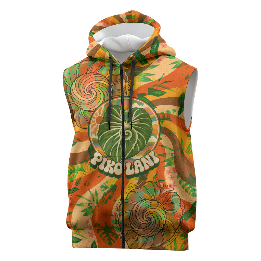 Hawaiian Piko Lani Cultivate I Ka Piko Aloha Sleeveless Zip Hoodie Retro Psychedelic Taro Leaf - Hibiscus Flowers
