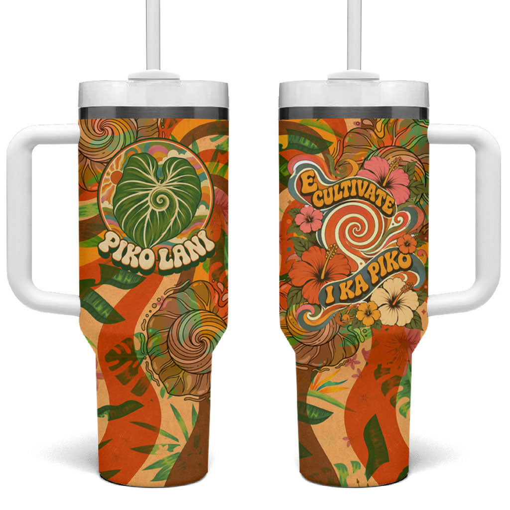 Hawaiian Piko Lani Cultivate I Ka Piko Aloha Tumbler With Handle Retro Psychedelic Taro Leaf - Hibiscus Flowers