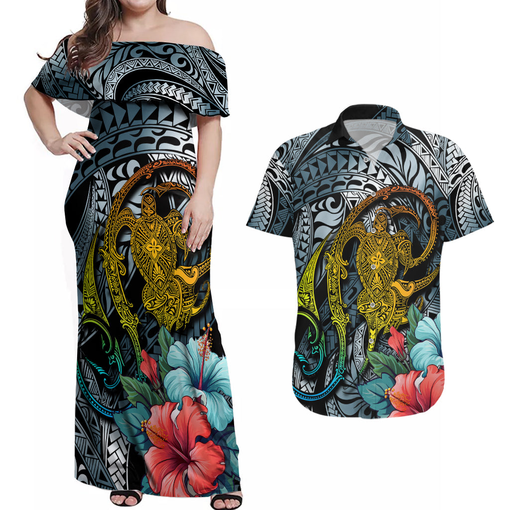 Hawaii Turtle Couples Matching Off Shoulder Maxi Dress and Hawaiian Shirt Hawaii Pattern and Turtle Tattoo Dark Cyan Gradient TS04 Gradient - Polynesian Pride