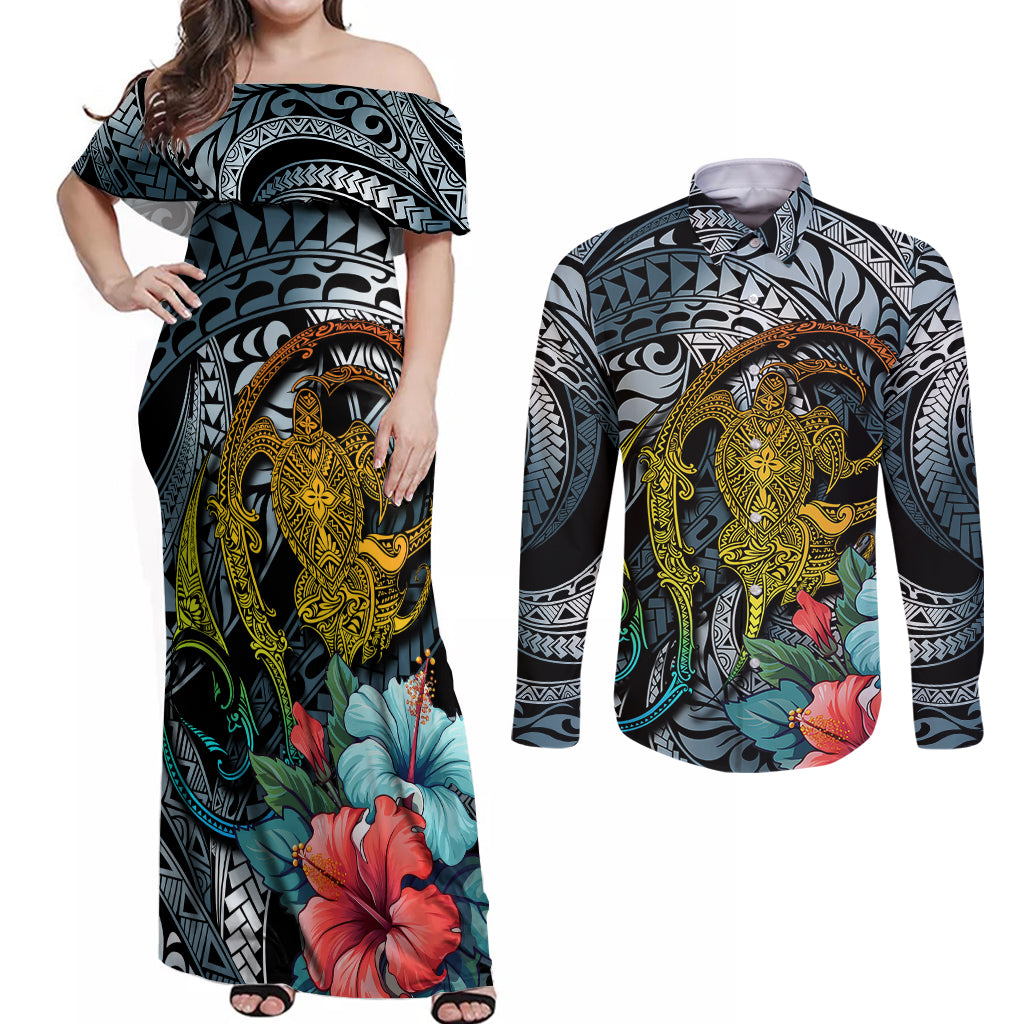 Hawaii Turtle Couples Matching Off Shoulder Maxi Dress and Long Sleeve Button Shirts Hawaii Pattern and Turtle Tattoo Dark Cyan Gradient TS04 Gradient - Polynesian Pride