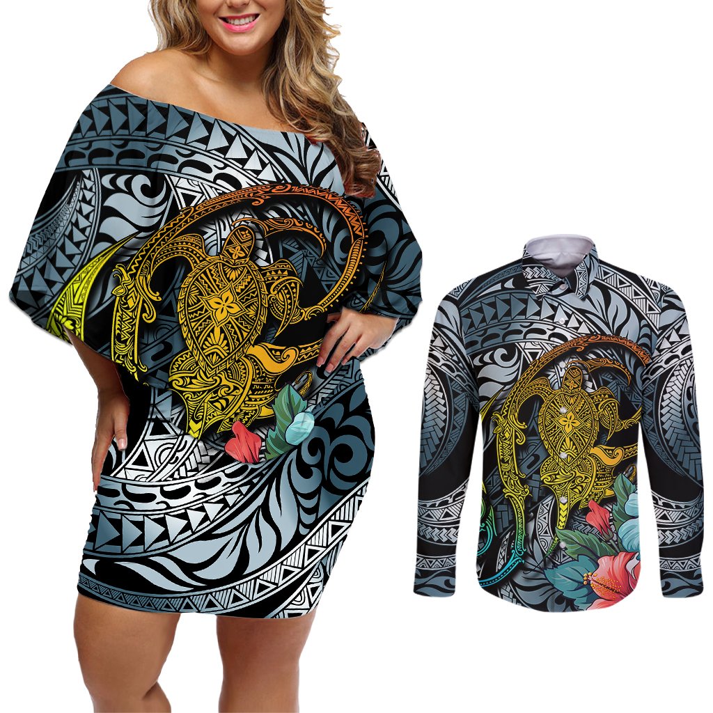 Hawaii Turtle Couples Matching Off Shoulder Short Dress and Long Sleeve Button Shirts Hawaii Pattern and Turtle Tattoo Dark Cyan Gradient TS04 Gradient - Polynesian Pride