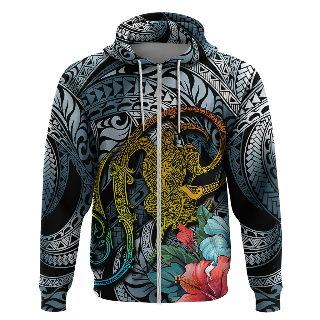 Hawaii Turtle Hoodie Hawaii Pattern and Turtle Tattoo Dark Cyan Gradient TS04 Zip Hoodie Gradient - Polynesian Pride
