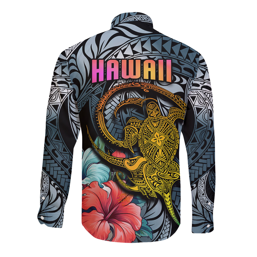Hawaii Turtle Long Sleeve Button Shirt Hawaii Pattern and Turtle Tattoo Dark Cyan Gradient TS04 - Polynesian Pride