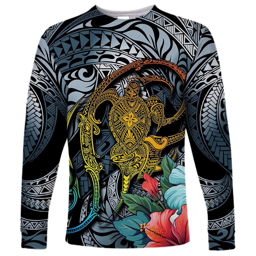 Hawaii Turtle Long Sleeve Shirt Hawaii Pattern and Turtle Tattoo Dark Cyan Gradient TS04 Unisex Gradient - Polynesian Pride