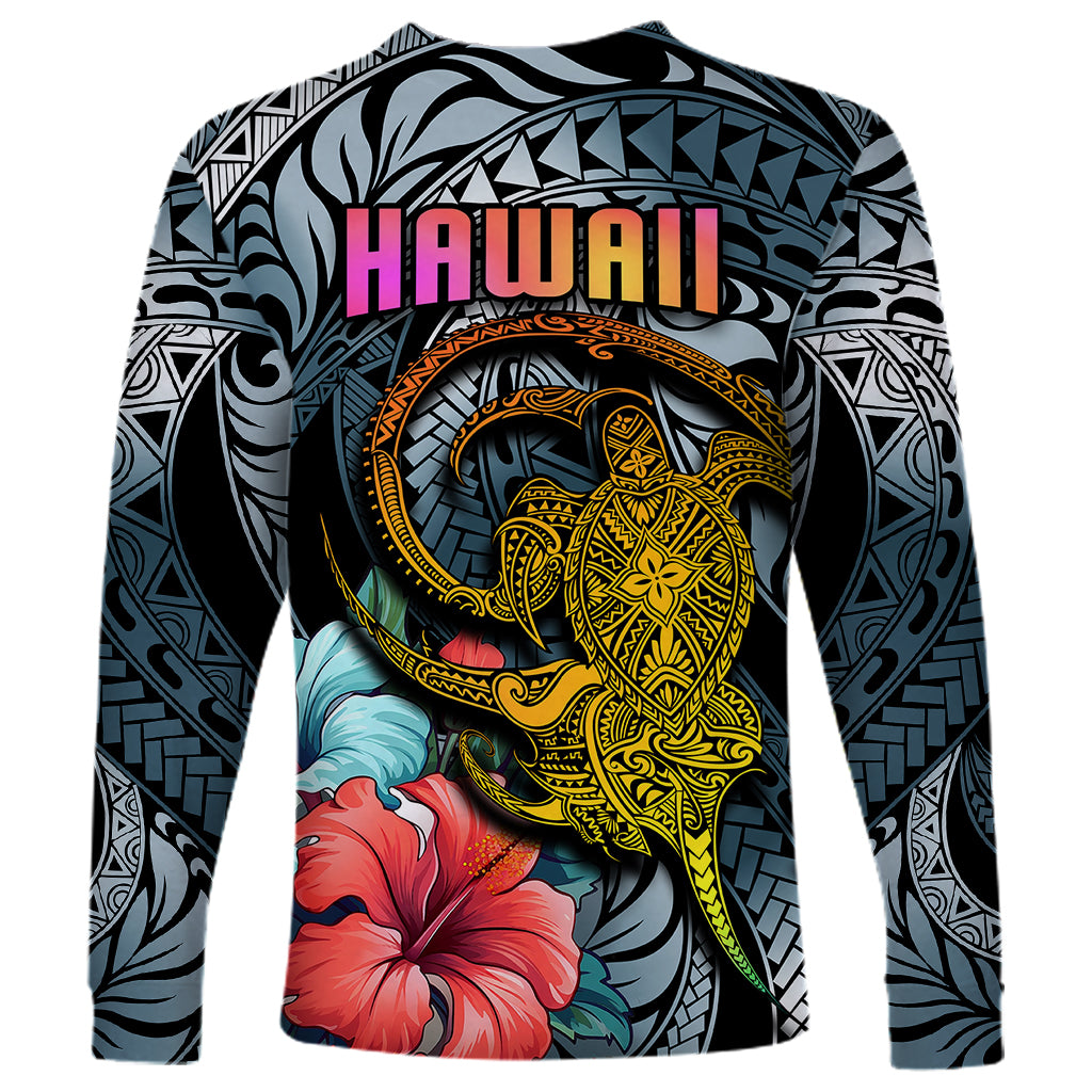 Hawaii Turtle Long Sleeve Shirt Hawaii Pattern and Turtle Tattoo Dark Cyan Gradient TS04 - Polynesian Pride