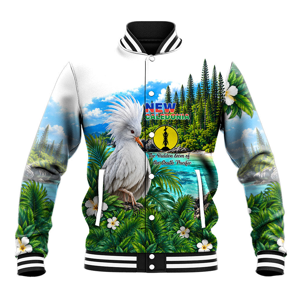 New Caledonia Kagu Bird Nature Baseball Jacket South Pacific Hidden Gem Tropical Landscape TS04 Unisex Green White - Polynesian Pride