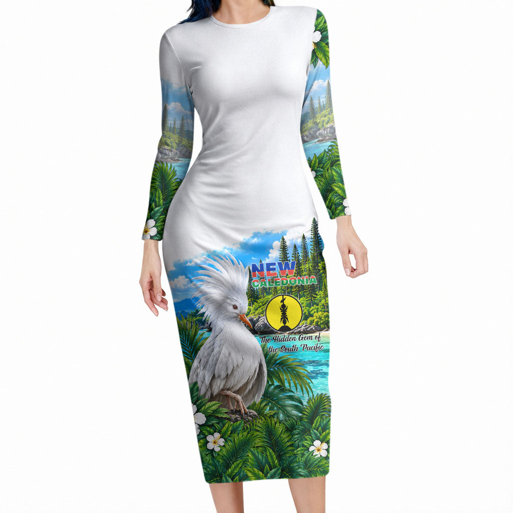 New Caledonia Kagu Bird Nature Long Sleeve Bodycon Dress South Pacific Hidden Gem Tropical Landscape TS04 Long Dress Green White - Polynesian Pride