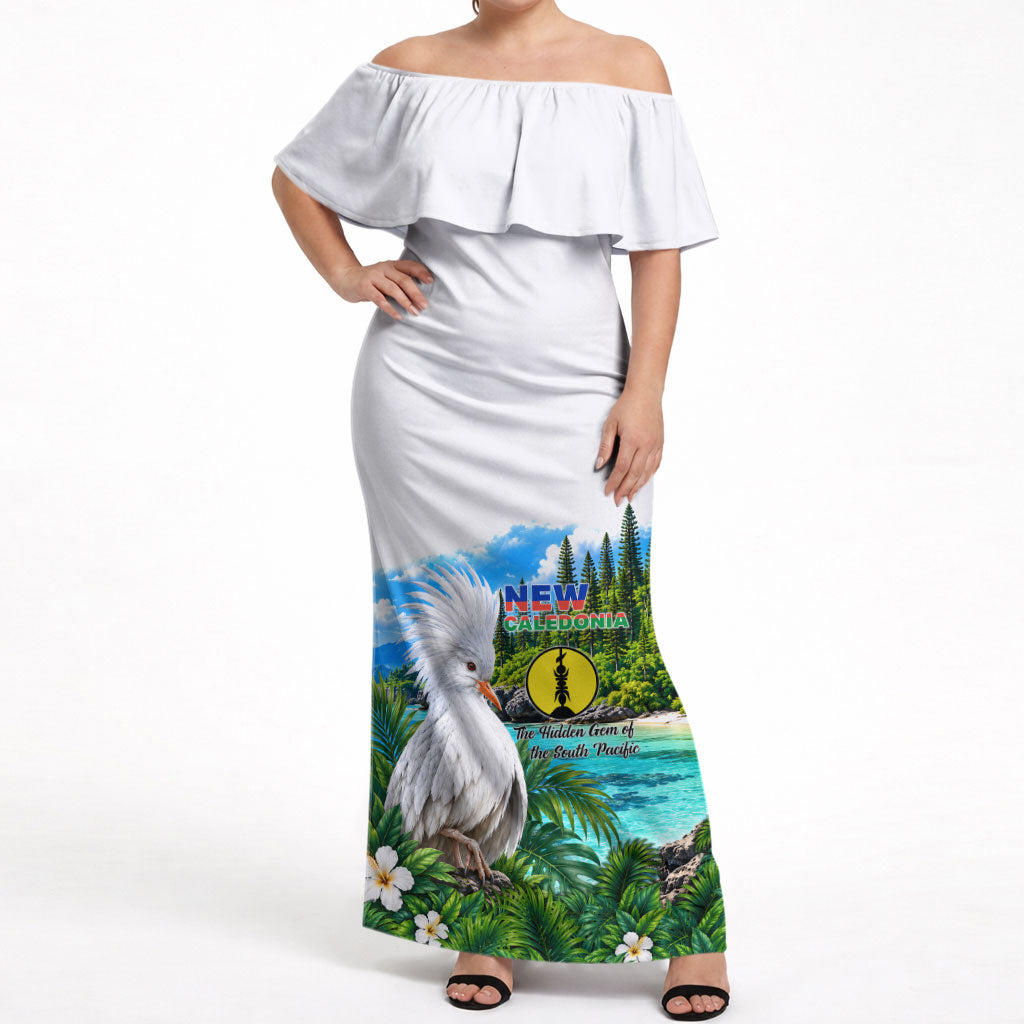 New Caledonia Kagu Bird Nature Off Shoulder Maxi Dress South Pacific Hidden Gem Tropical Landscape TS04 Women Green White - Polynesian Pride