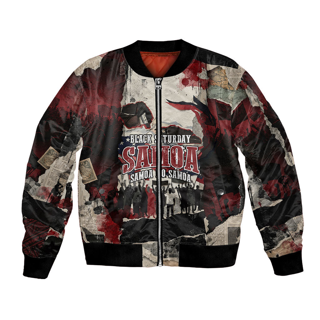 Samoa Black Saturday 1929 Bomber Jacket Mau Movement Vintage Newspaper Grunge Polynesian TS04 Unisex Black Red - Polynesian Pride