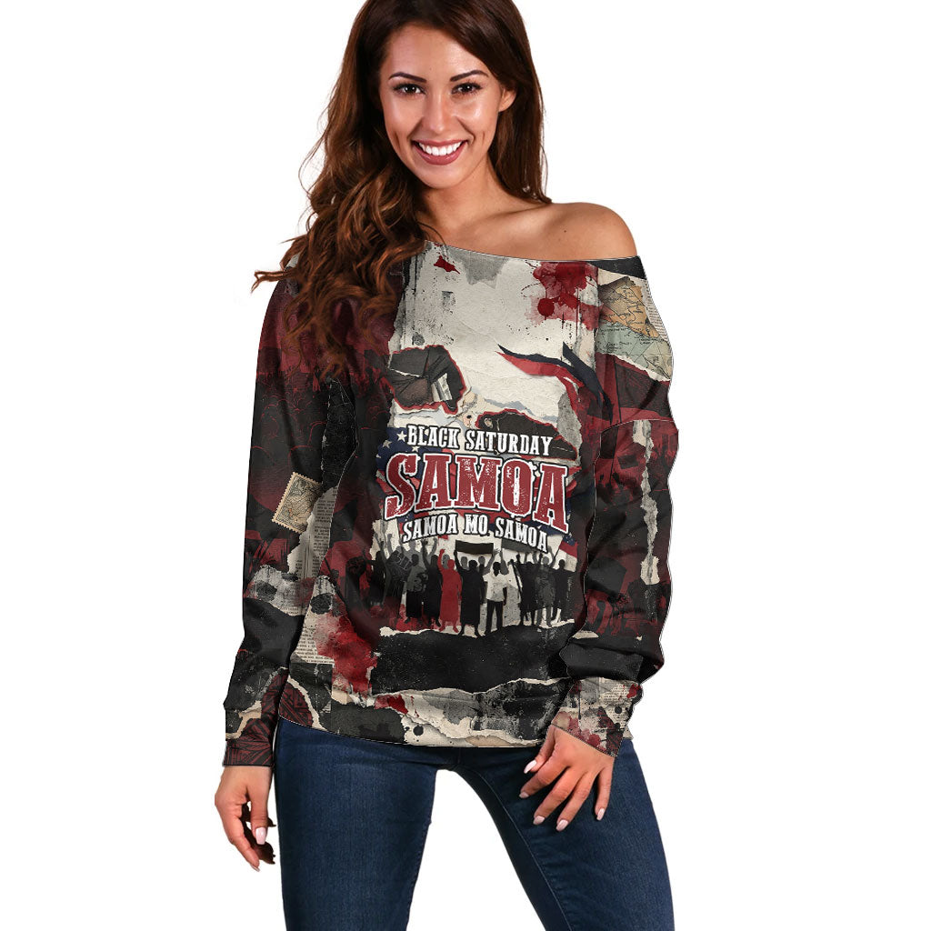 Samoa Black Saturday 1929 Off Shoulder Sweater Mau Movement Vintage Newspaper Grunge Polynesian TS04 Women Black Red - Polynesian Pride