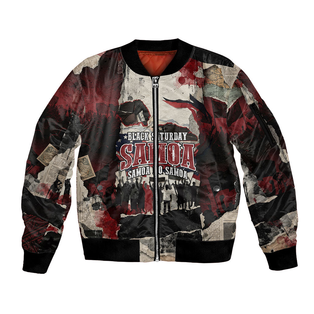 Samoa Black Saturday 1929 Sleeve Zip Bomber Jacket Mau Movement Vintage Newspaper Grunge Polynesian TS04 Unisex Black Red - Polynesian Pride