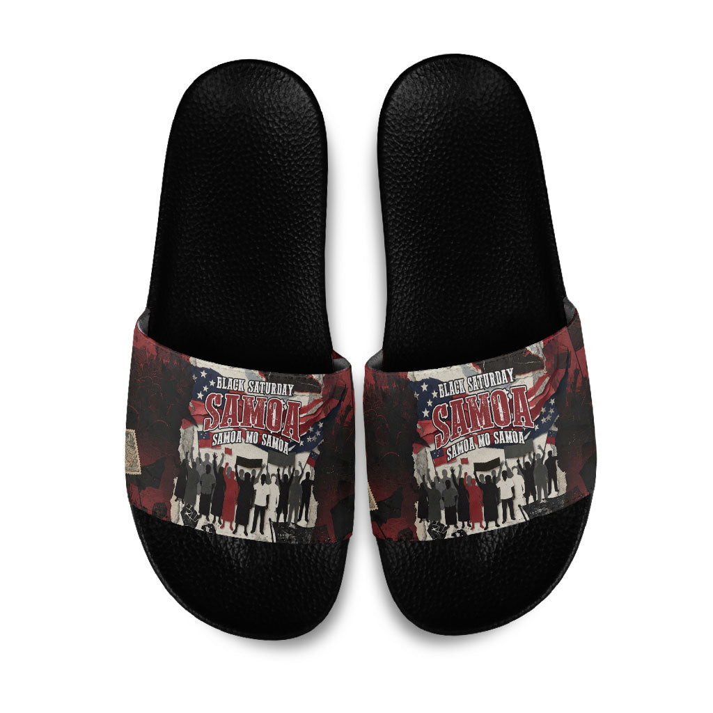 Samoa Black Saturday 1929 Slide Sandals Mau Movement Vintage Newspaper Grunge Polynesian TS04 Black Red - Polynesian Pride