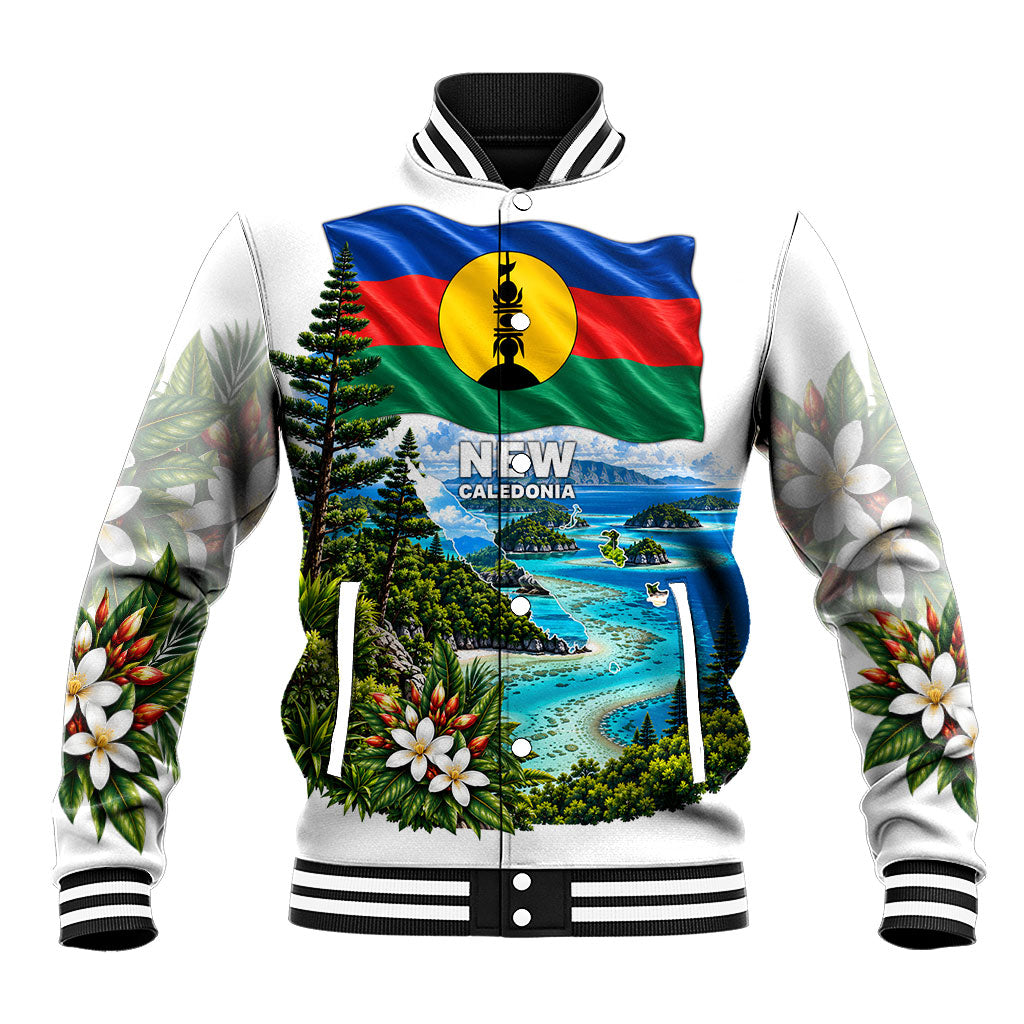 New Caledonia Kanak Flag Landscape Baseball Jacket Tropical Island Nature Floral TS04 Unisex White Green - Polynesian Pride