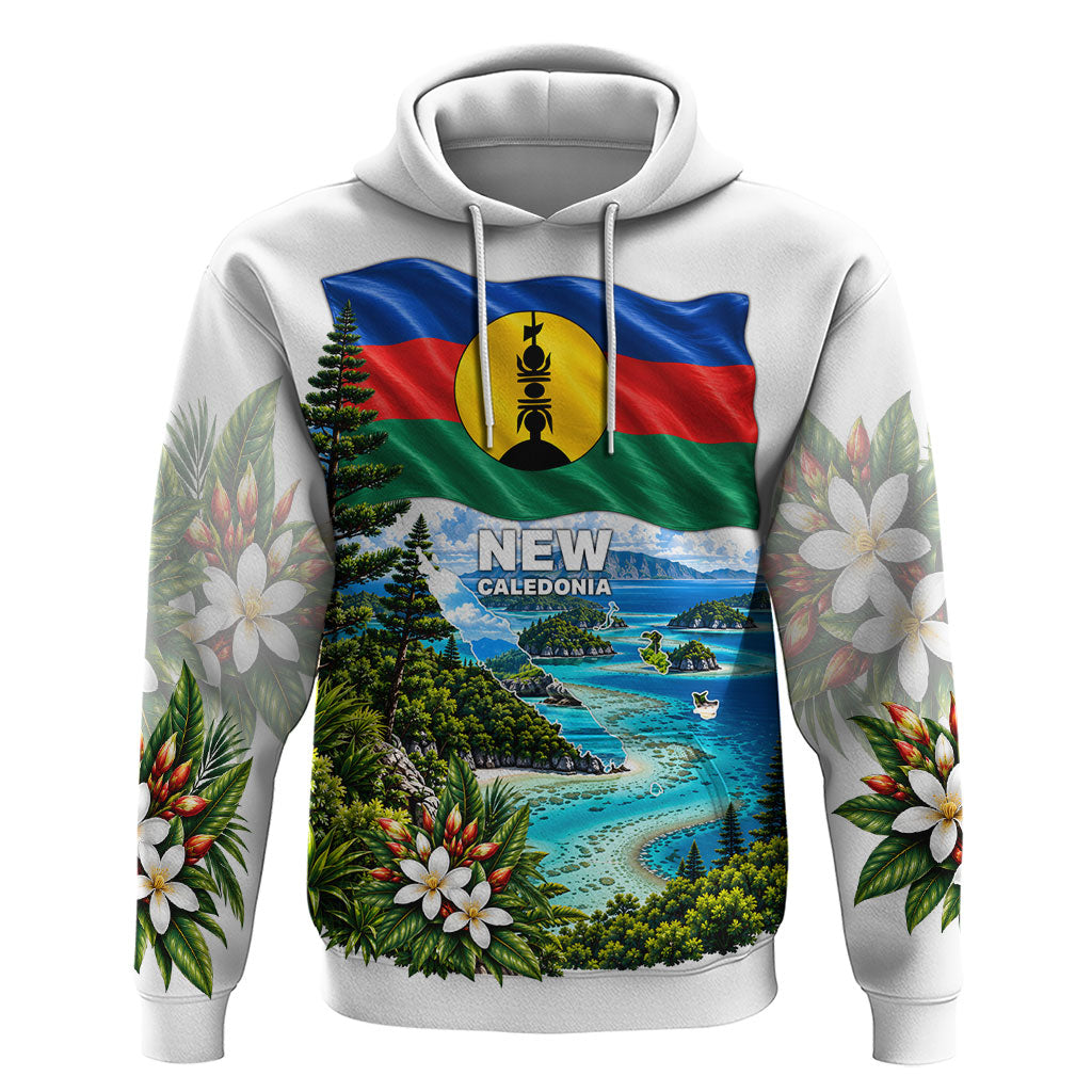 New Caledonia Kanak Flag Landscape Hoodie Tropical Island Nature Floral TS04 Pullover Hoodie White Green - Polynesian Pride