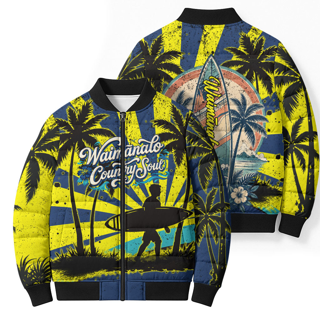 Waimanalo Oahu Hawaii Surfing Bomber Puffer Jacket Tropical Beach Retro Sunburst Surfboard