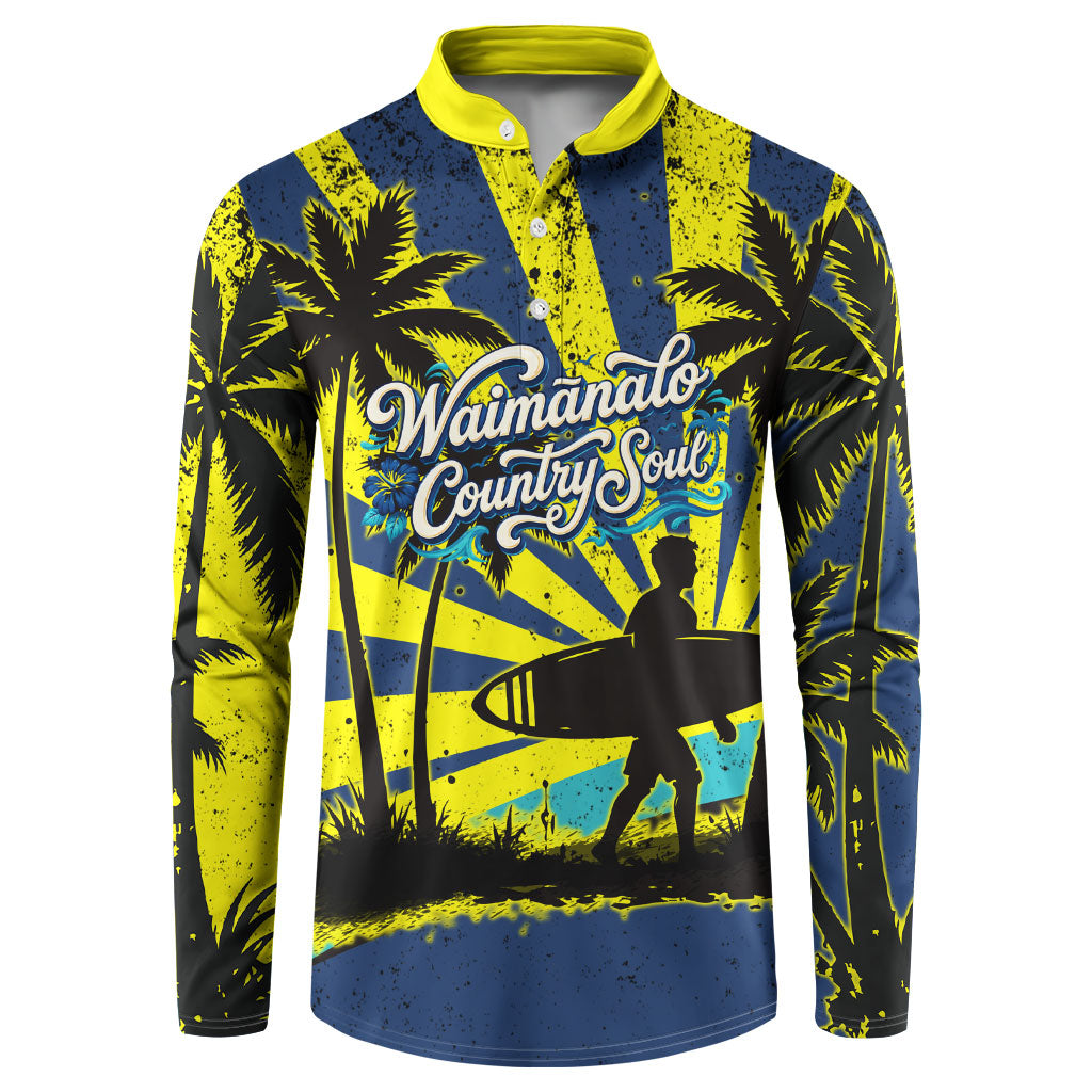 Waimanalo Oahu Hawaii Surfing Button Sweatshirt Tropical Beach Retro Sunburst Surfboard