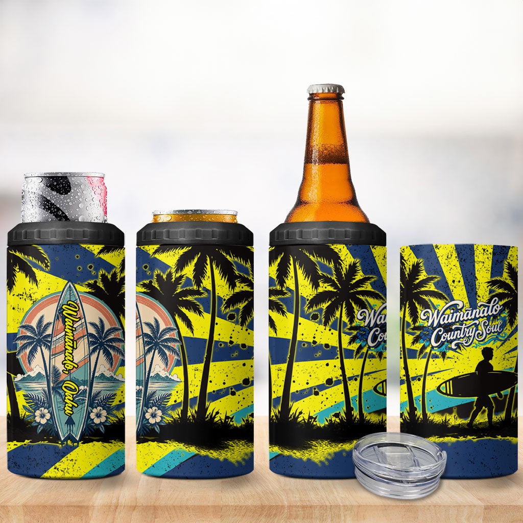 Waimanalo Oahu Hawaii Surfing 4 in 1 Can Cooler Tumbler Tropical Beach Retro Sunburst Surfboard