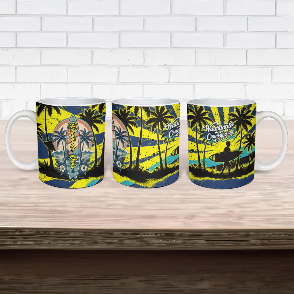 Waimanalo Oahu Hawaii Surfing Ceramic Mug Tropical Beach Retro Sunburst Surfboard
