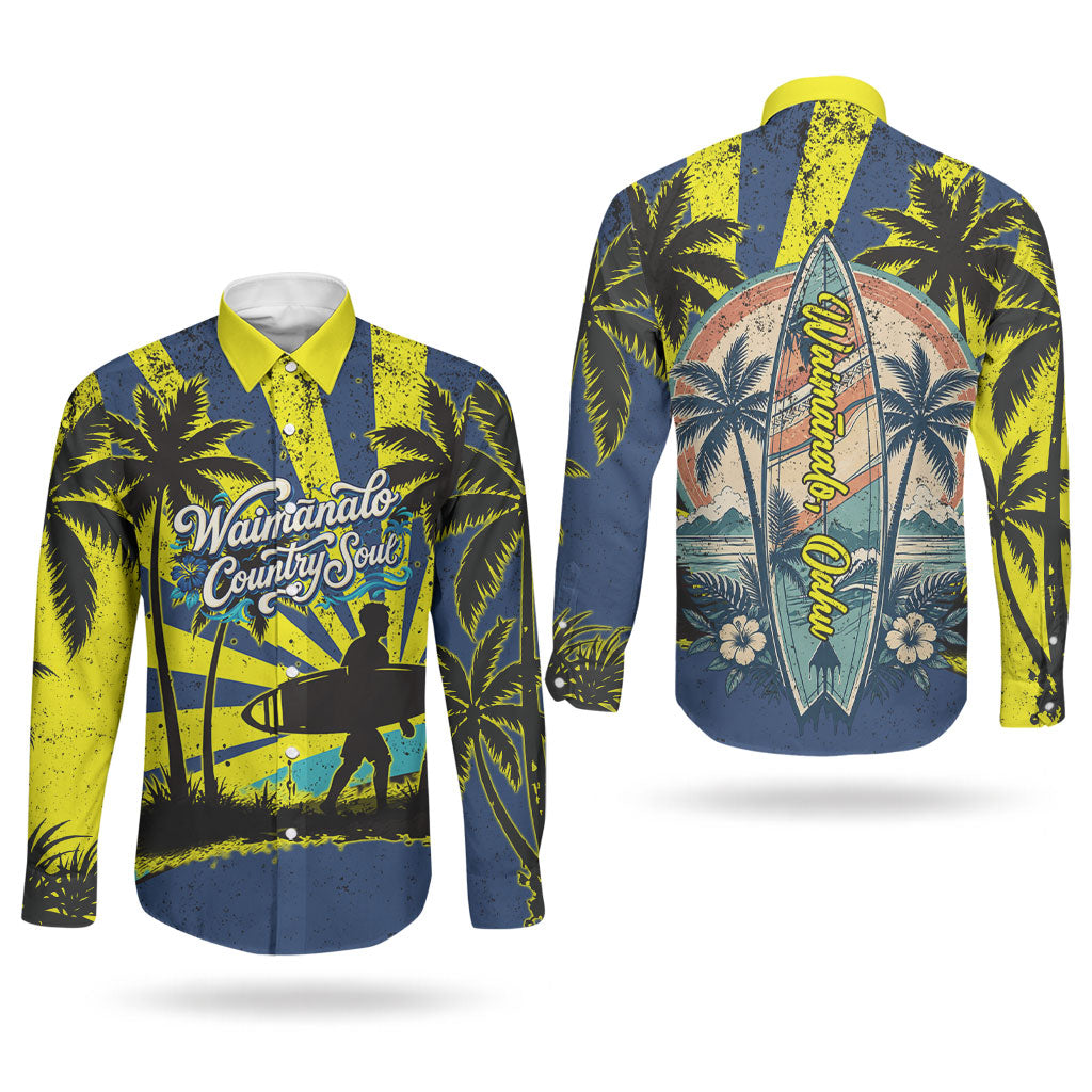 Waimanalo Oahu Hawaii Surfing Couples Matching Long Sleeve Bodycon Dress and Long Sleeve Button Shirt Tropical Beach Retro Sunburst Surfboard