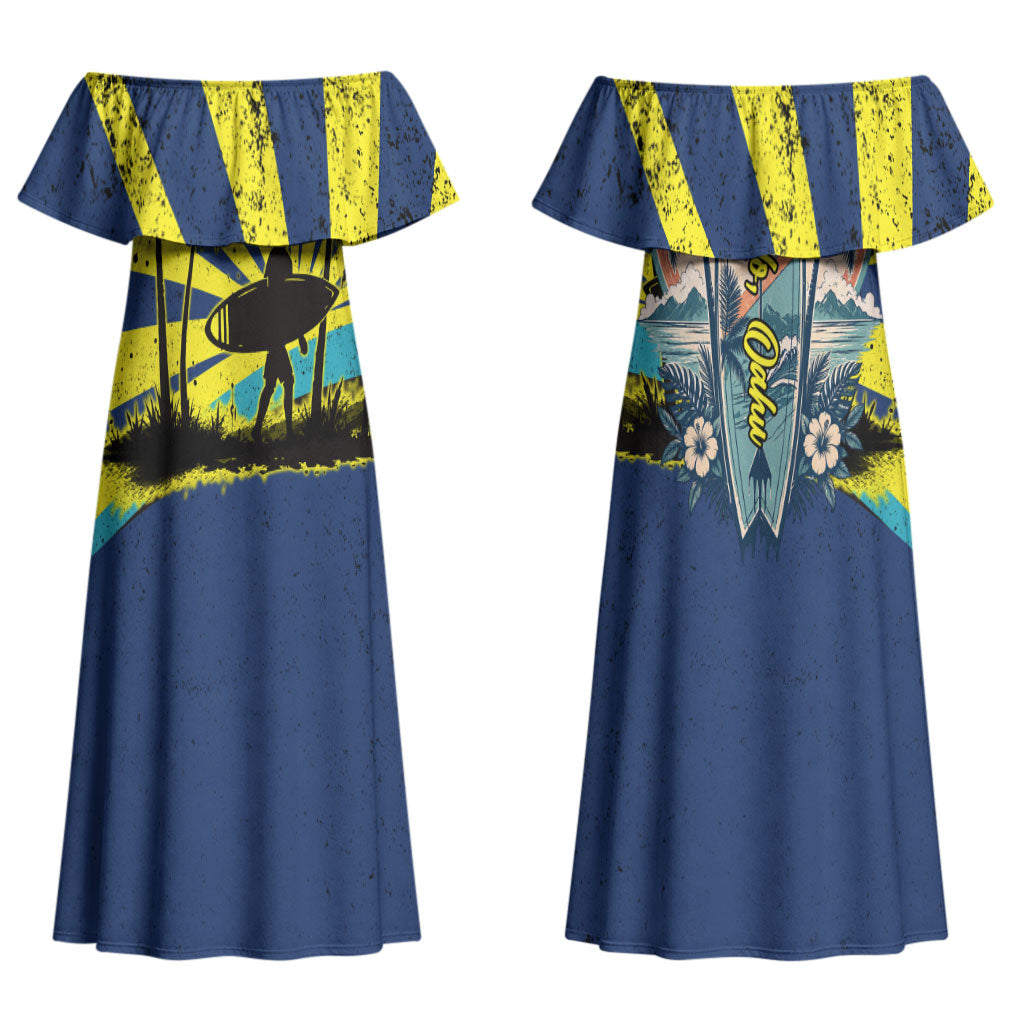 Waimanalo Oahu Hawaii Surfing Couples Matching Off Shoulder Maxi Dress and Hawaiian Shirt Tropical Beach Retro Sunburst Surfboard