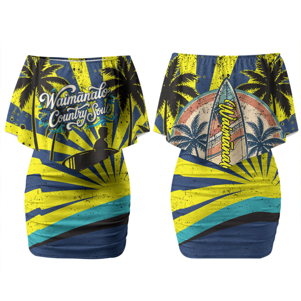 Waimanalo Oahu Hawaii Surfing Couples Matching Off Shoulder Short Dress and Hawaiian Shirt Tropical Beach Retro Sunburst Surfboard