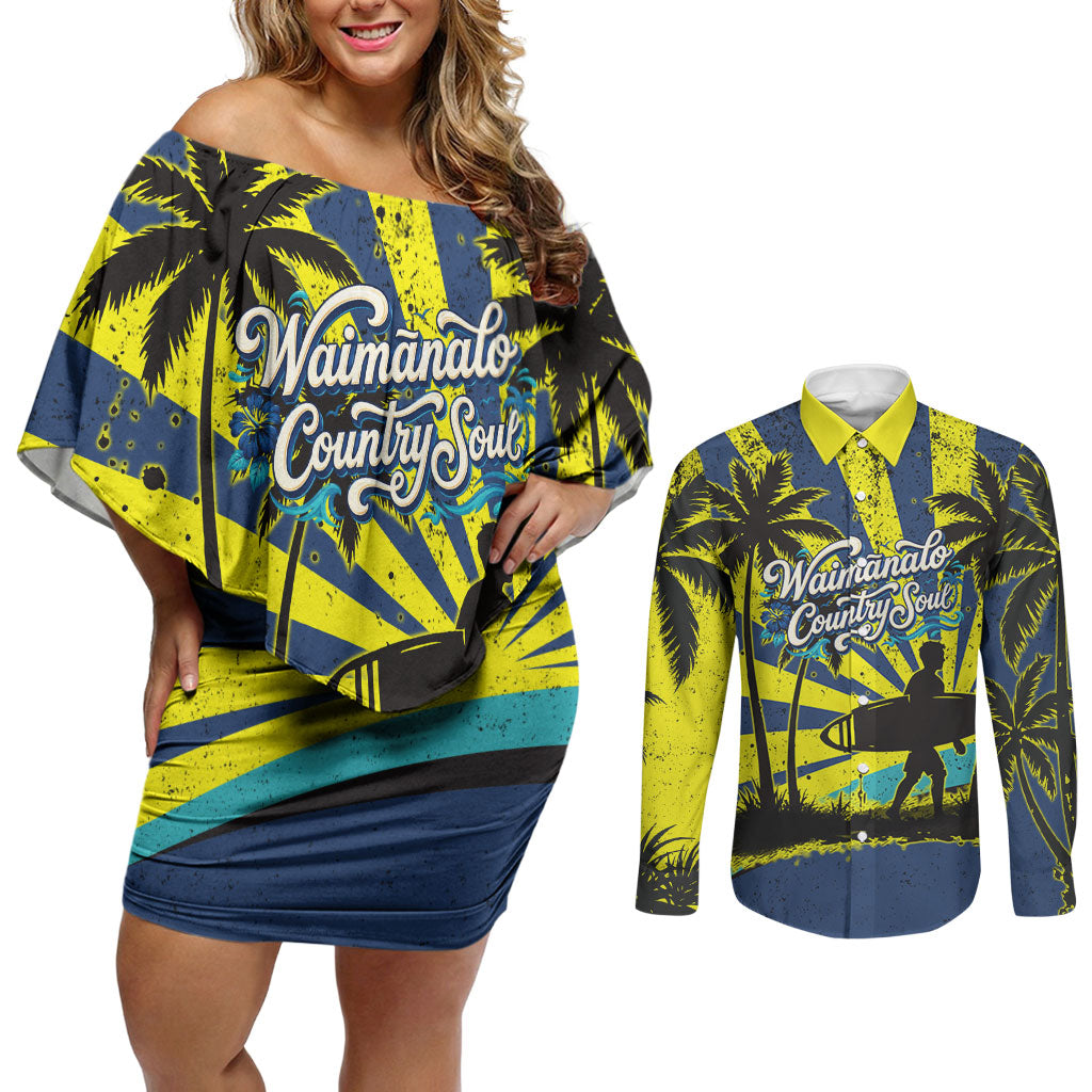Waimanalo Oahu Hawaii Surfing Couples Matching Off Shoulder Short Dress and Long Sleeve Button Shirt Tropical Beach Retro Sunburst Surfboard