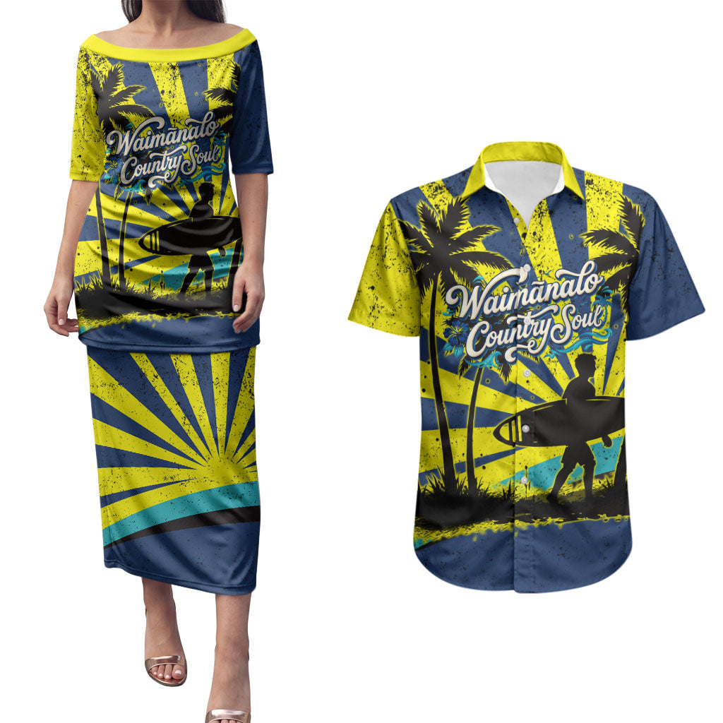 Waimanalo Oahu Hawaii Surfing Couples Matching Puletasi and Hawaiian Shirt Tropical Beach Retro Sunburst Surfboard