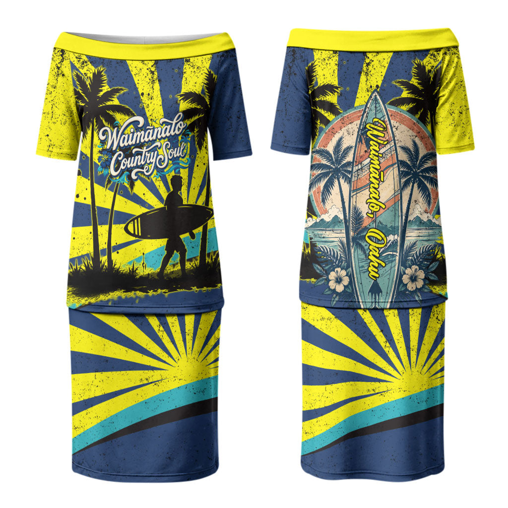 Waimanalo Oahu Hawaii Surfing Couples Matching Puletasi and Hawaiian Shirt Tropical Beach Retro Sunburst Surfboard