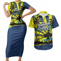 Waimanalo Oahu Hawaii Surfing Couples Matching Short Sleeve Bodycon Dress and Hawaiian Shirt Tropical Beach Retro Sunburst Surfboard