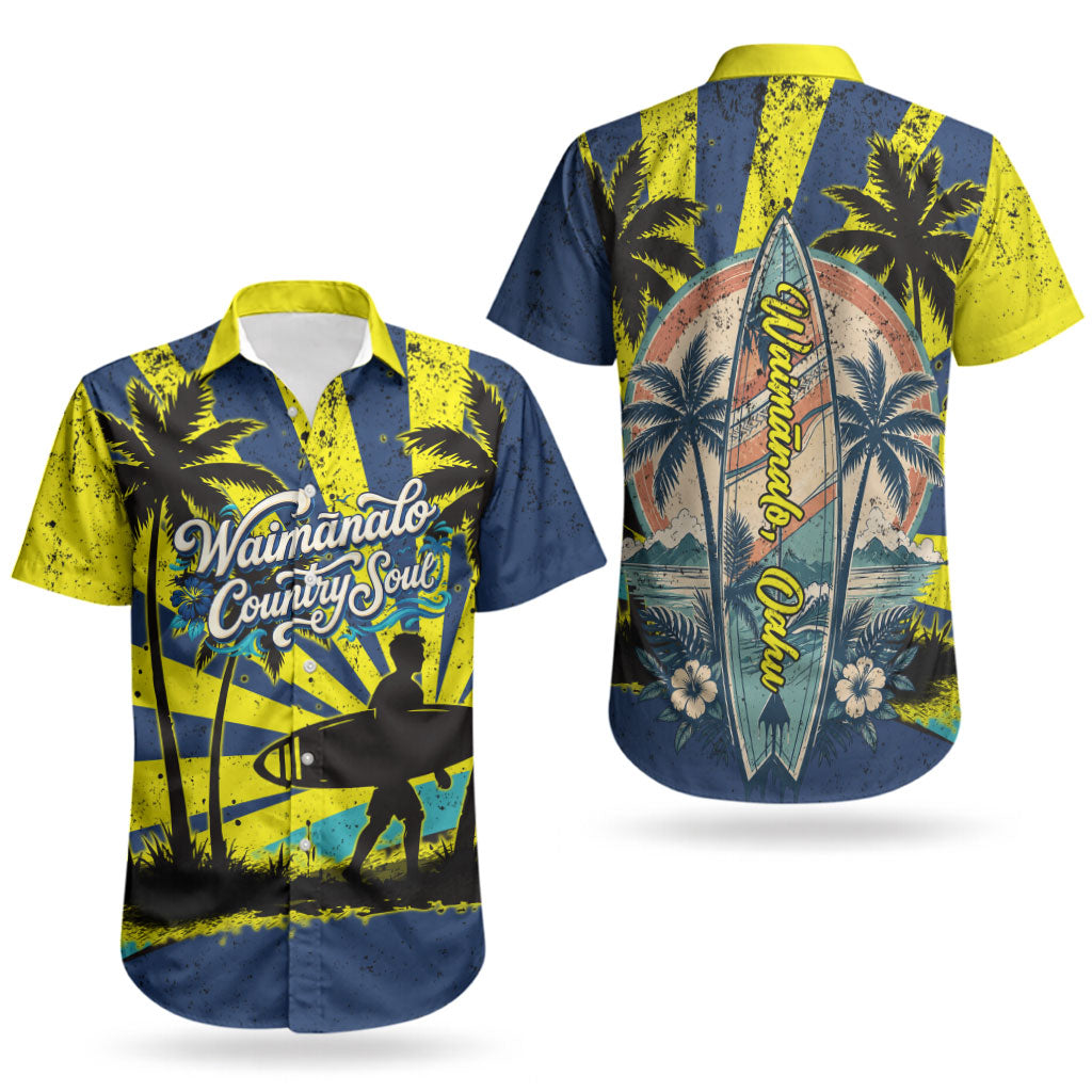 Waimanalo Oahu Hawaii Surfing Couples Matching Short Sleeve Bodycon Dress and Hawaiian Shirt Tropical Beach Retro Sunburst Surfboard
