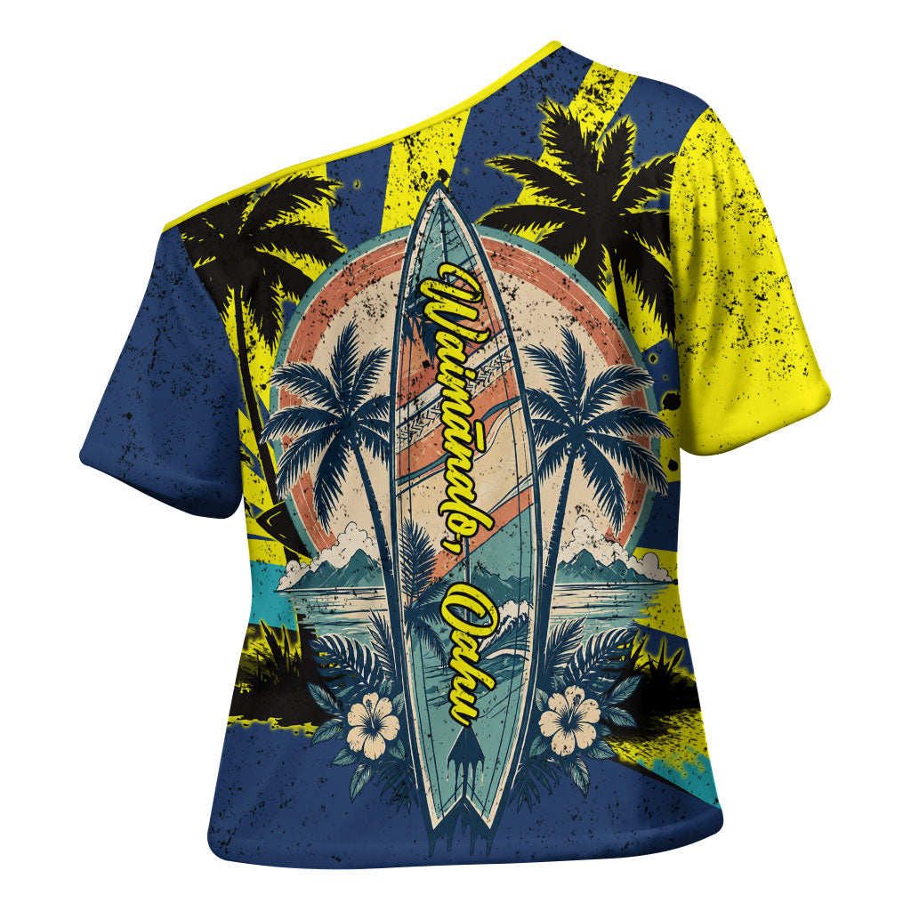 Waimanalo Oahu Hawaii Surfing Cross Shoulder Shirt Tropical Beach Retro Sunburst Surfboard
