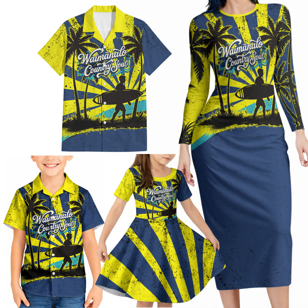 Waimanalo Oahu Hawaii Surfing Family Matching Long Sleeve Bodycon Dress and Hawaiian Shirt Tropical Beach Retro Sunburst Surfboard