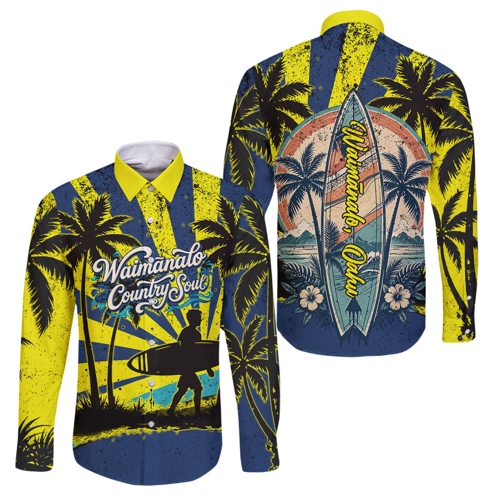 Waimanalo Oahu Hawaii Surfing Family Matching Off The Shoulder Long Sleeve Dress and Hawaiian Shirt Tropical Beach Retro Sunburst Surfboard